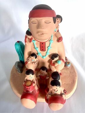 Vtg.’89 TEISSEDRE Storyteller Southwest Painted Clay TerraCotta w/Base *see pics